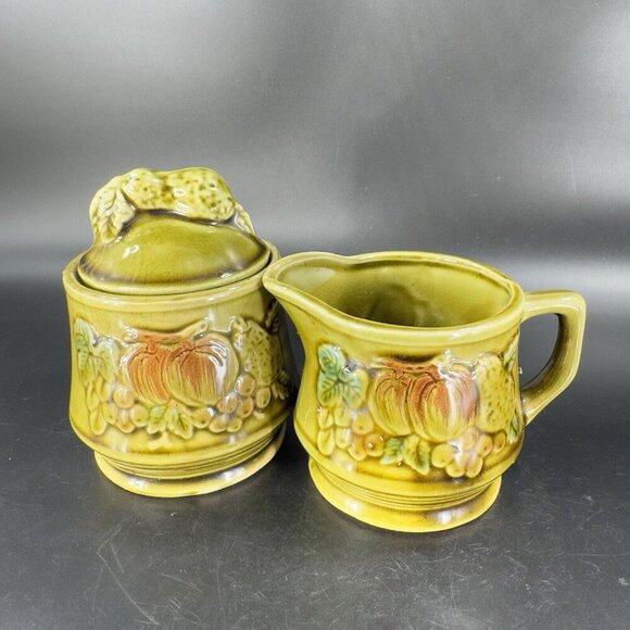 Vintage Ceramic Olive Green Sugar Bowl Creamer Fruit Veggies Made Japan Set - Picture 14 of 16